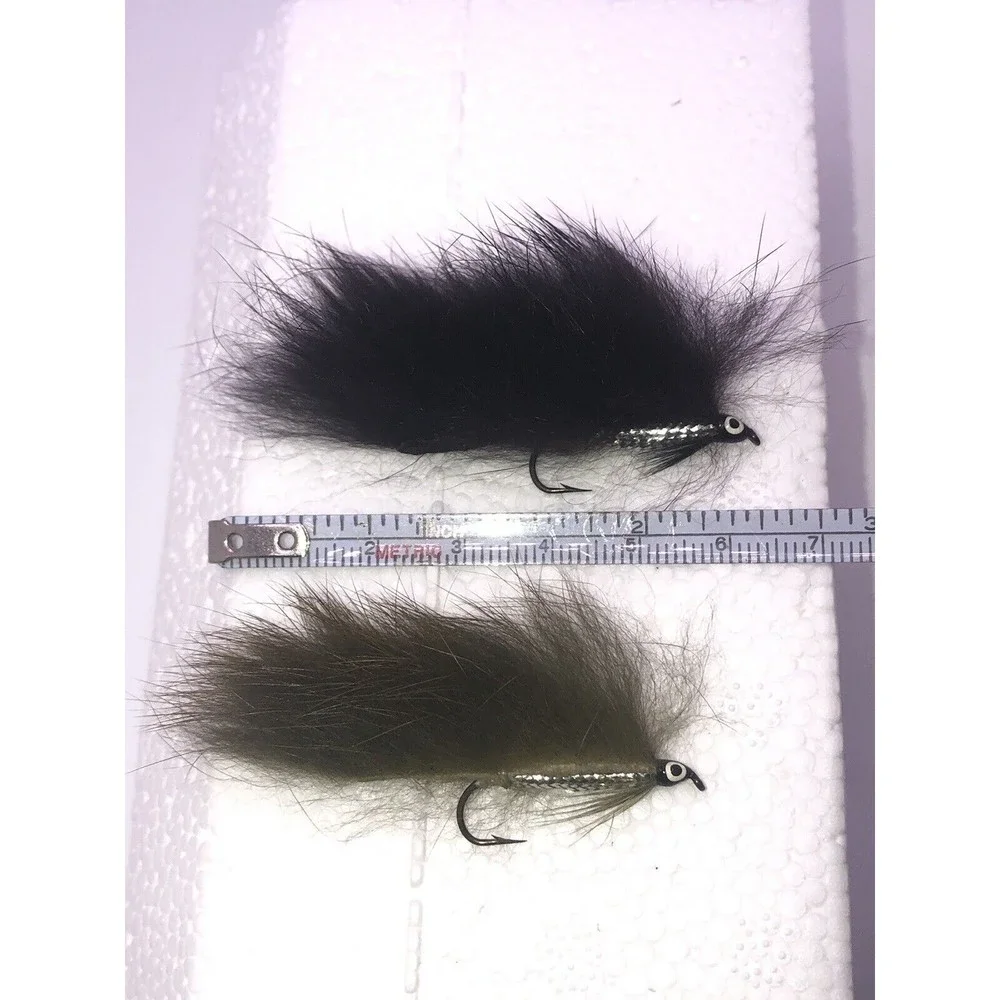 Vintage Fly Lure Painted Eyes Iridescent Swimmer Silver Rabbit Fur Black Brown